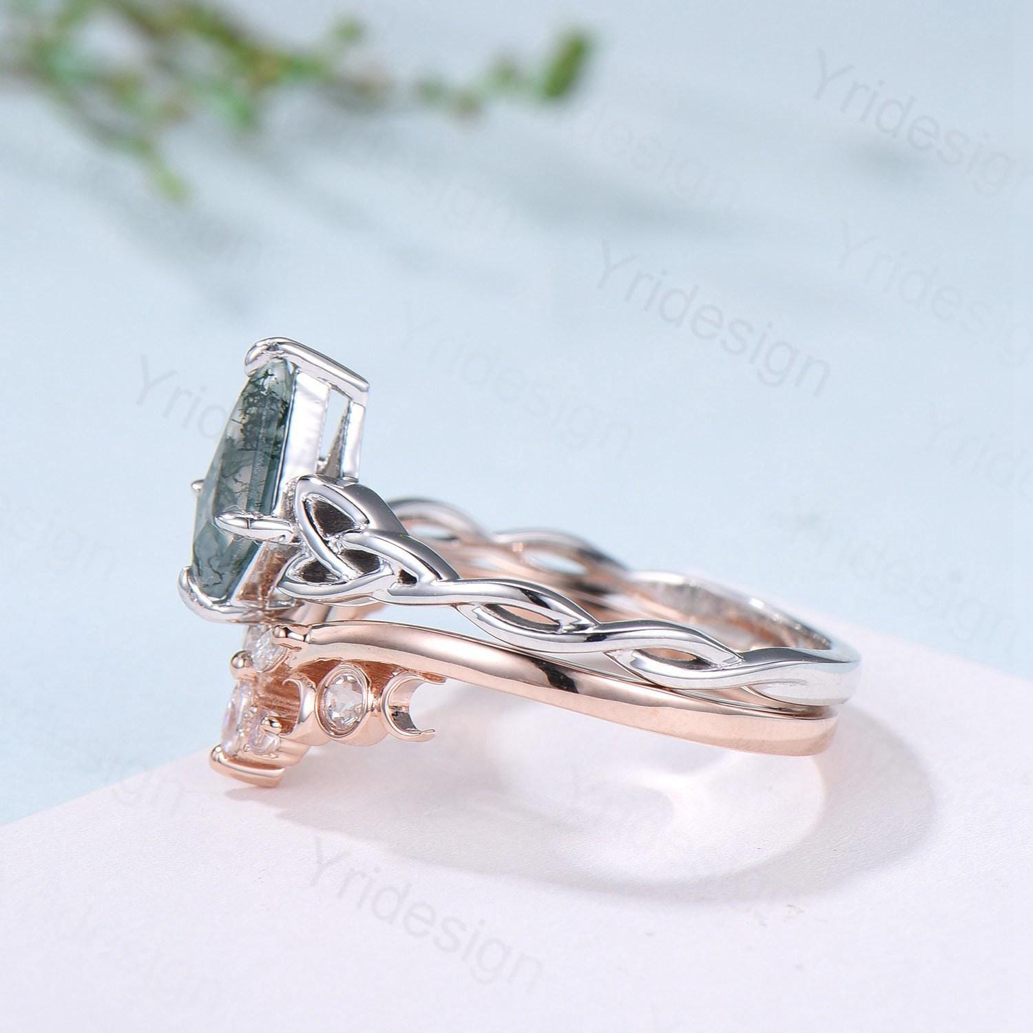 Norse Viking Kite Cut Moss Agate Engagement Ring Set Celtic Love Knot Moonstone Wedding Band Vintage Unique Twisted Green Crystal Bridal Set - PENFINE