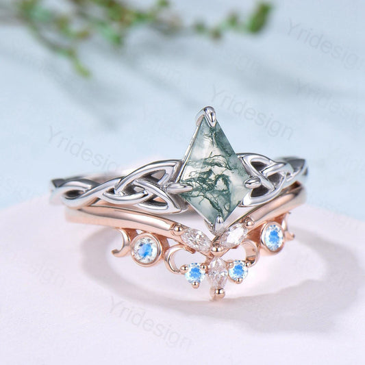 Norse Viking Kite Cut Moss Agate Engagement Ring Set Celtic Love Knot Moonstone Wedding Band Vintage Unique Twisted Green Crystal Bridal Set - PENFINE