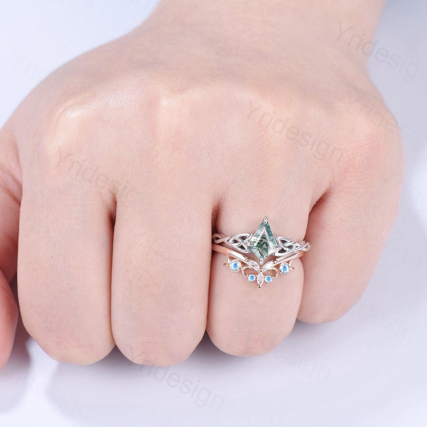 Norse Viking Kite Cut Moss Agate Engagement Ring Set Celtic Love Knot Moonstone Wedding Band Vintage Unique Twisted Green Crystal Bridal Set - PENFINE