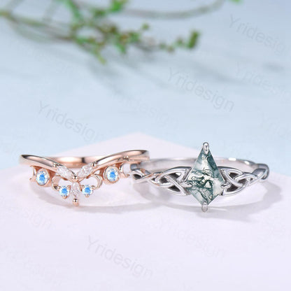 Norse Viking Kite Cut Moss Agate Engagement Ring Set Celtic Love Knot Moonstone Wedding Band Vintage Unique Twisted Green Crystal Bridal Set - PENFINE