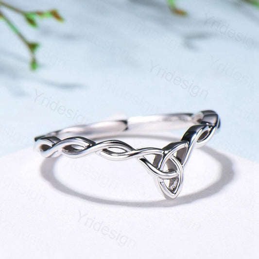 Celtic Knot Norse Viking wedding band women-unique curved plain gold wedding band 14k white gold- Matching stacking band anniversary ring - PENFINE