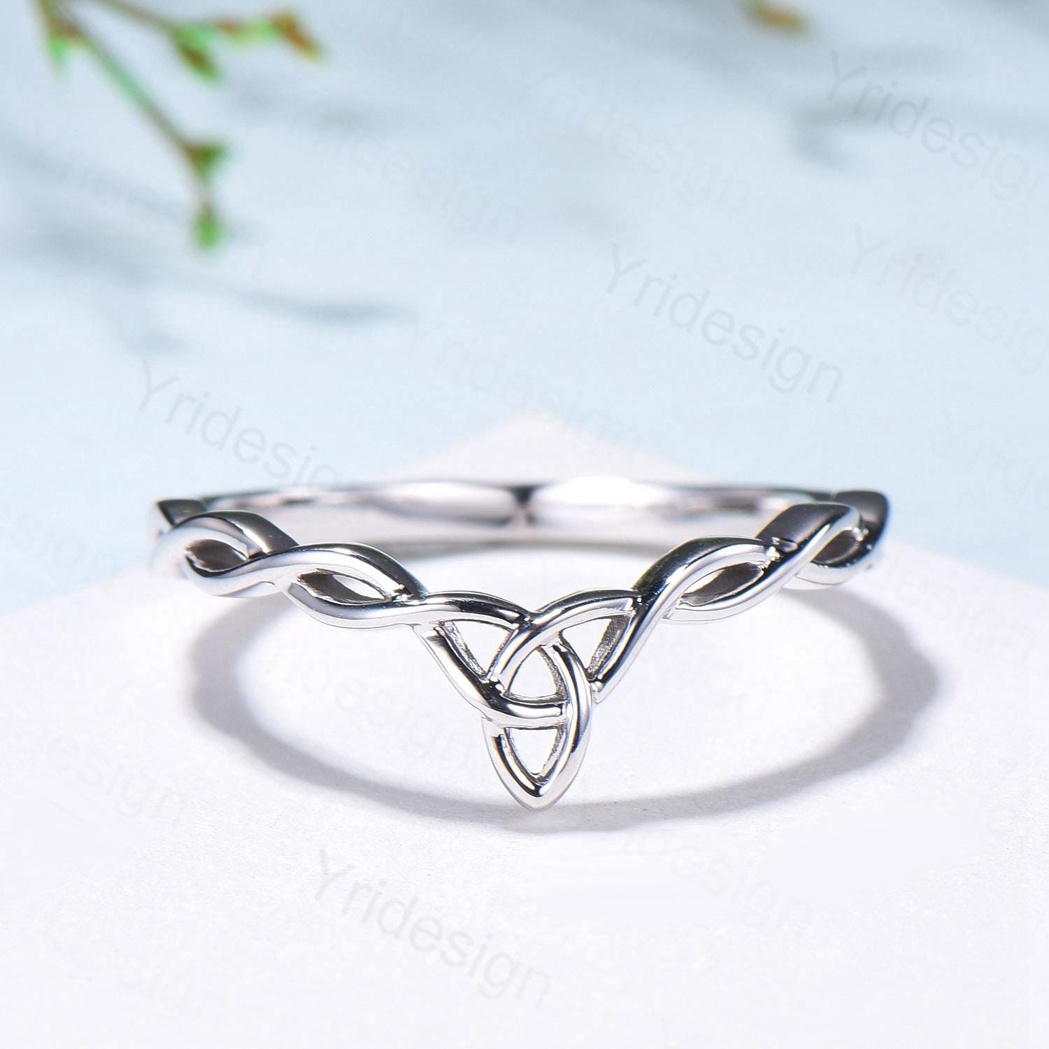 Celtic Knot Norse Viking wedding band women-unique curved plain gold wedding band 14k white gold- Matching stacking band anniversary ring - PENFINE