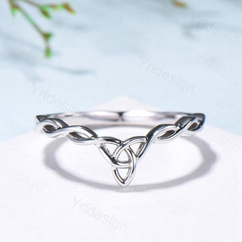 Celtic Knot Norse Viking wedding band women-unique curved plain gold wedding band 14k white gold- Matching stacking band anniversary ring - PENFINE