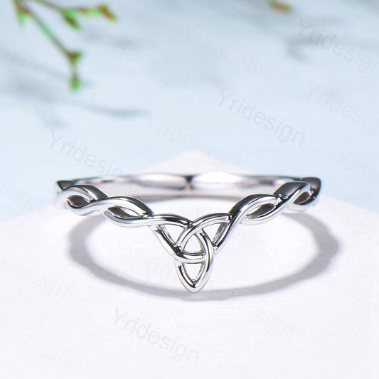 Celtic Knot Norse Viking wedding band women-unique curved plain gold wedding band 14k white gold- Matching stacking band anniversary ring - PENFINE