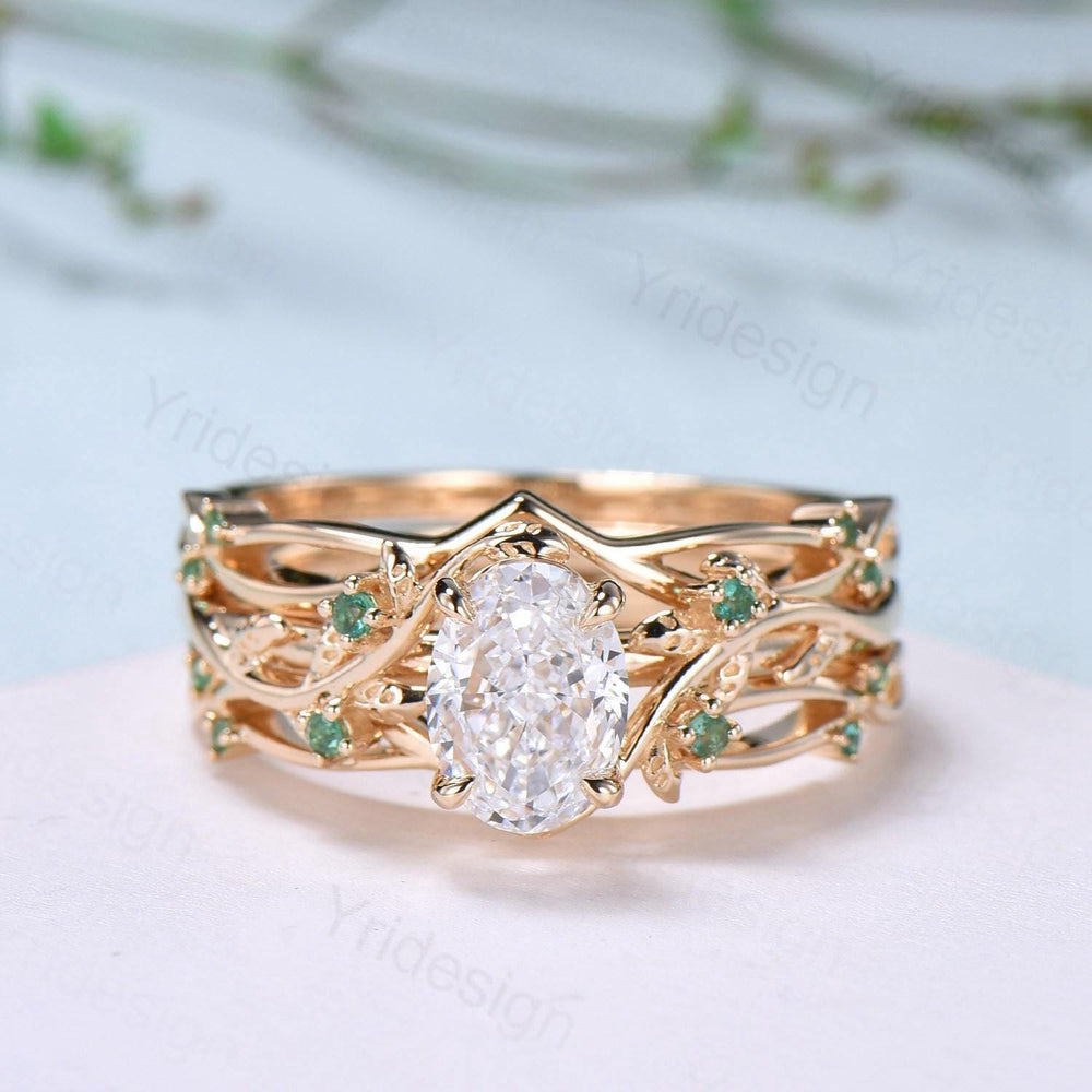 Natural Inspired Lab Grown Diamond Engagement Ring Set Certificate 1.5CT Oval Lab Diamond Emerald Wedding Set Cluster Leaf Branch Bridal Set - PENFINE
