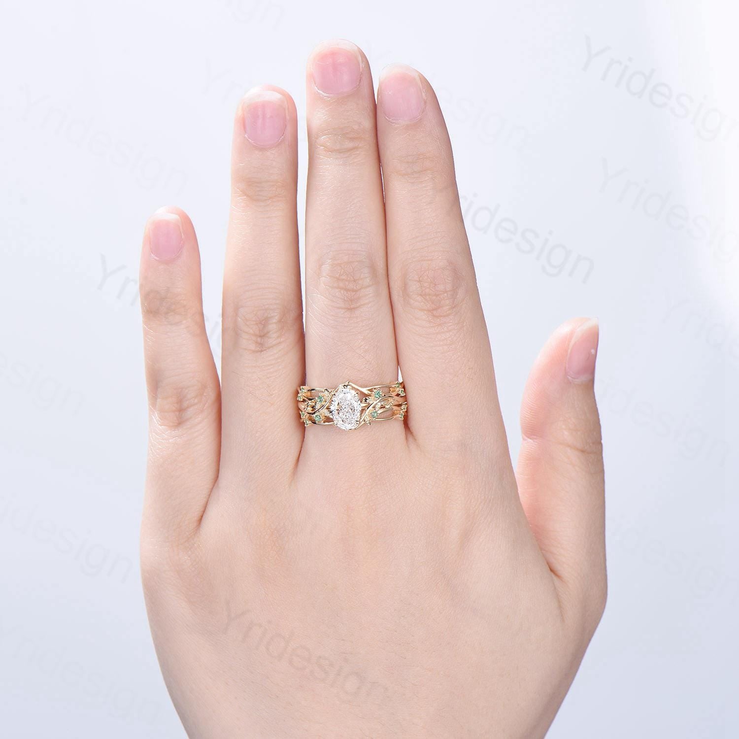 Natural Inspired Lab Grown Diamond Engagement Ring Set Certificate 1.5CT Oval Lab Diamond Emerald Wedding Set Cluster Leaf Branch Bridal Set - PENFINE