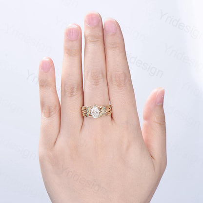 Natural Inspired Lab Grown Diamond Engagement Ring Set Certificate 1.5CT Oval Lab Diamond Emerald Wedding Set Cluster Leaf Branch Bridal Set - PENFINE