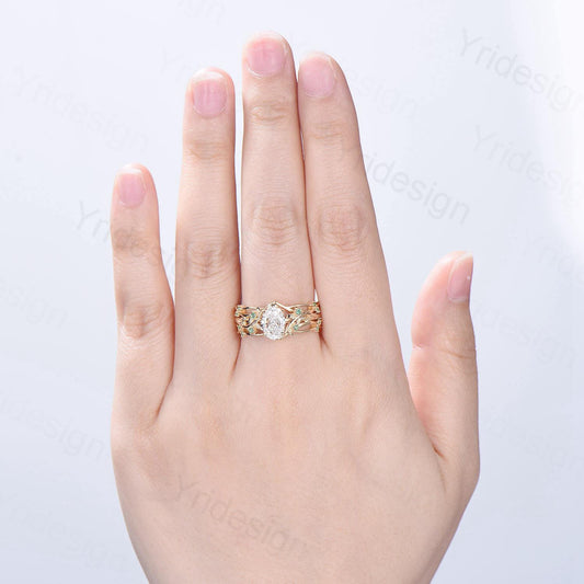 Natural Inspired Lab Grown Diamond Engagement Ring Set Certificate 1.5CT Oval Lab Diamond Emerald Wedding Set Cluster Leaf Branch Bridal Set - PENFINE