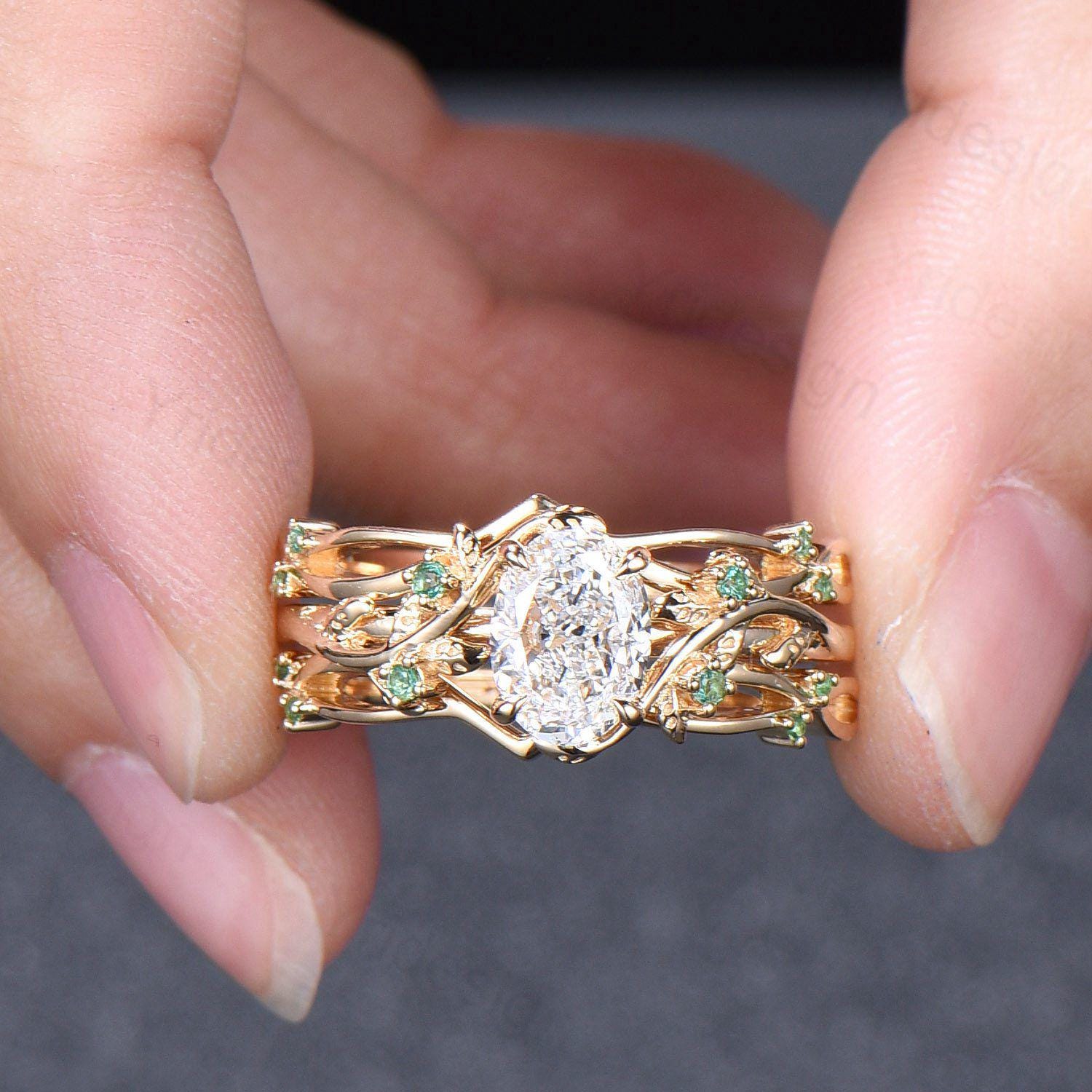 Natural Inspired Lab Grown Diamond Engagement Ring Set Certificate 1.5CT Oval Lab Diamond Emerald Wedding Set Cluster Leaf Branch Bridal Set - PENFINE