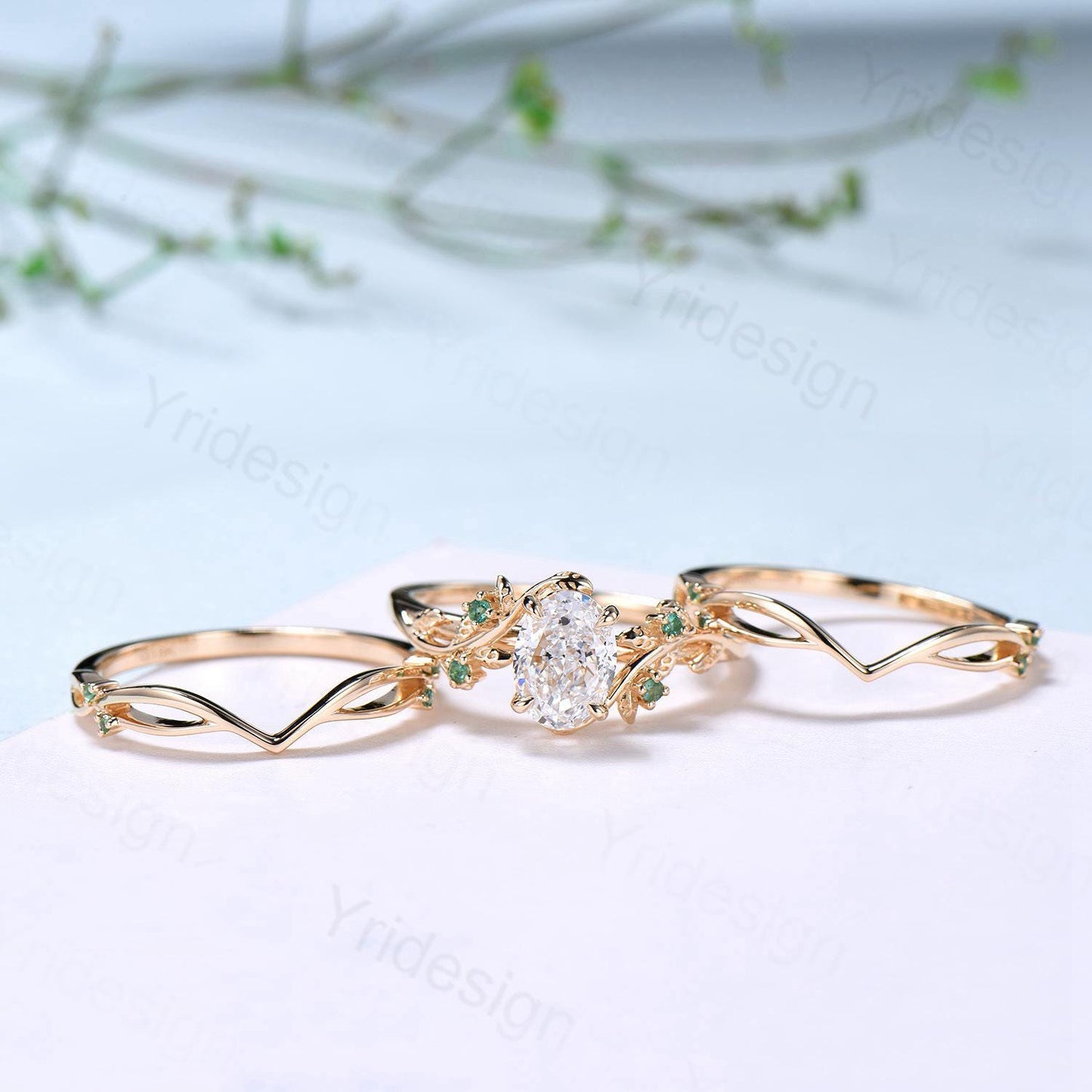 Natural Inspired Lab Grown Diamond Engagement Ring Set Certificate 1.5CT Oval Lab Diamond Emerald Wedding Set Cluster Leaf Branch Bridal Set - PENFINE