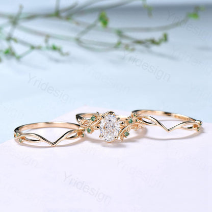 Natural Inspired Lab Grown Diamond Engagement Ring Set Certificate 1.5CT Oval Lab Diamond Emerald Wedding Set Cluster Leaf Branch Bridal Set - PENFINE