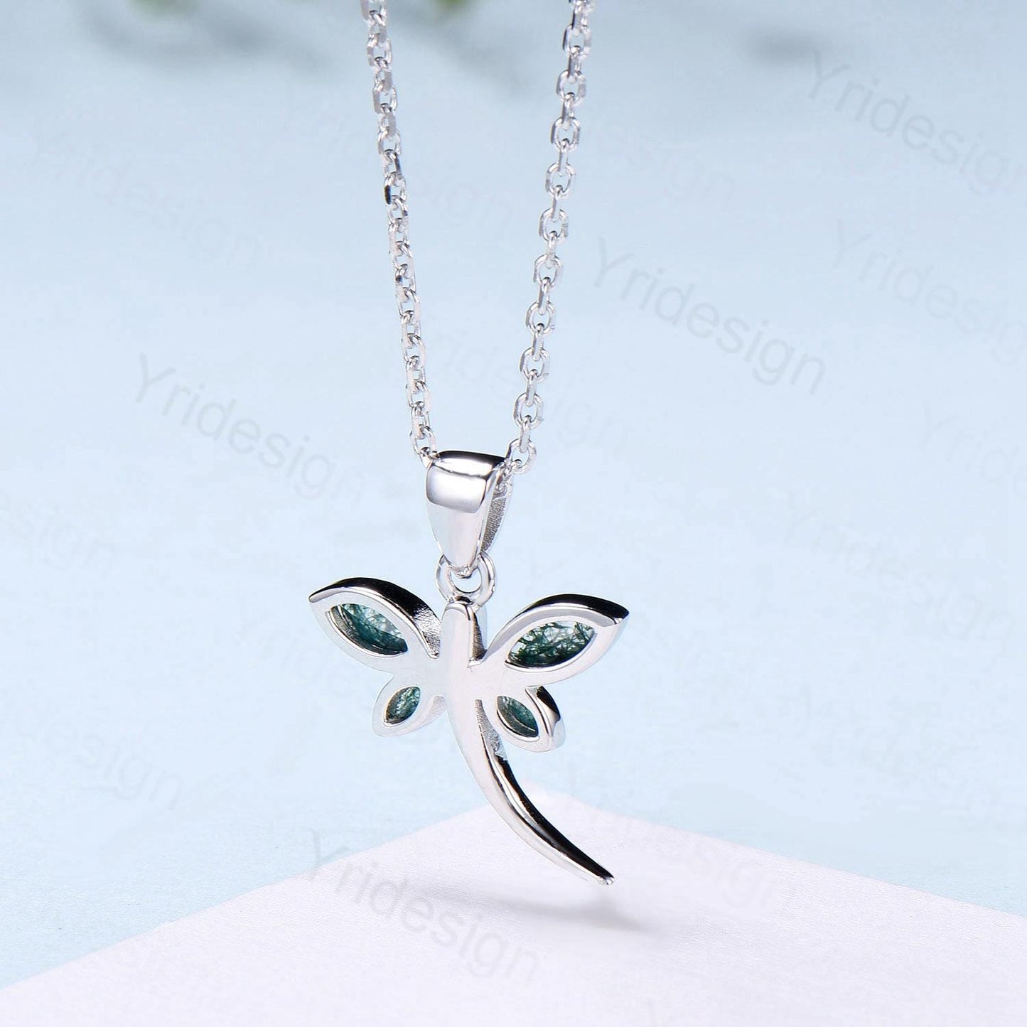 Dainty Marquise Cut Moss Agate Necklace Bezel Set Green Agate Dragonfly Accompany Necklace Pendant Necklace Unique Anniversary Gift Women - PENFINE