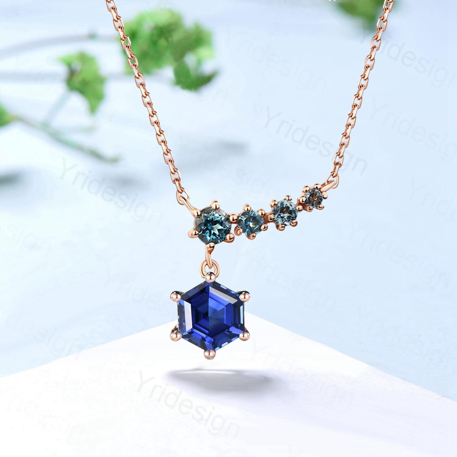 Elegant hexagon cut sapphire pendant necklace five stone 9k/14k/18k rose gold art deco London blue topaz pendant necklace Anniversary gift - PENFINE