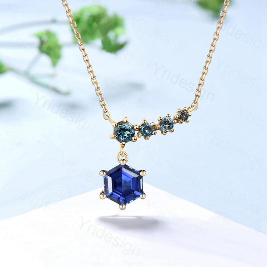 Elegant hexagon cut sapphire pendant necklace five stone 9k/14k/18k rose gold art deco London blue topaz pendant necklace Anniversary gift - PENFINE
