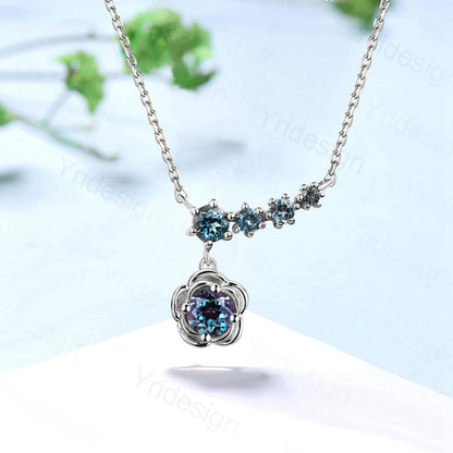 Unique Flower Alexandrite Necklace Floral Halo Alexandrite Necklace Five Stone Pendant Necklace Promise Anniversary gift for daughter - PENFINE