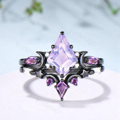 Unique Black gold kite cut lavender amethyst ring Unique crescent moon star purple engagement ring delicate amethyst 2pcs bridal wedding set - PENFINE