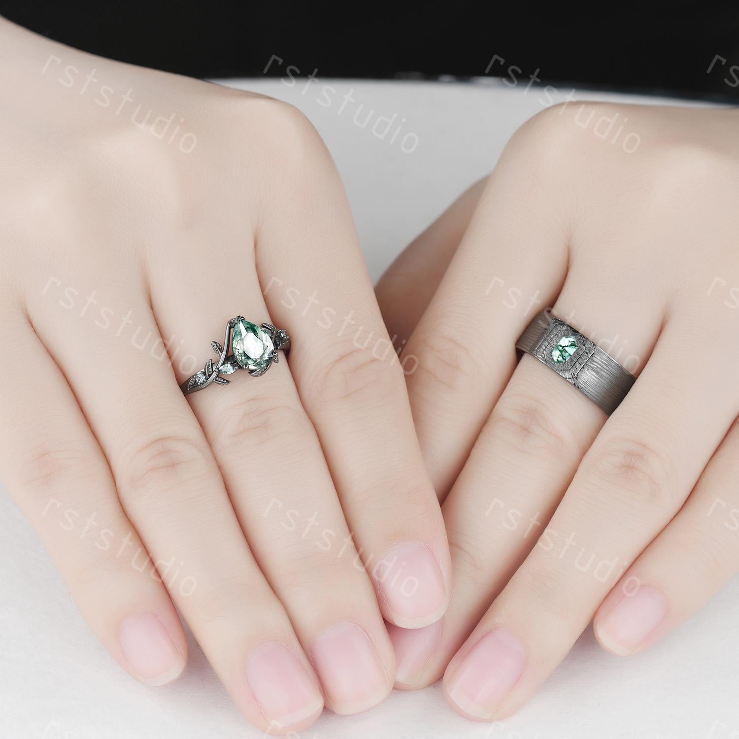Vintage Moss Agate Couple Ring Set: Black Gold Wedding Bands