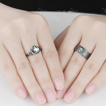Vintage Moss Agate Couple Ring Set: Black Gold Wedding Bands