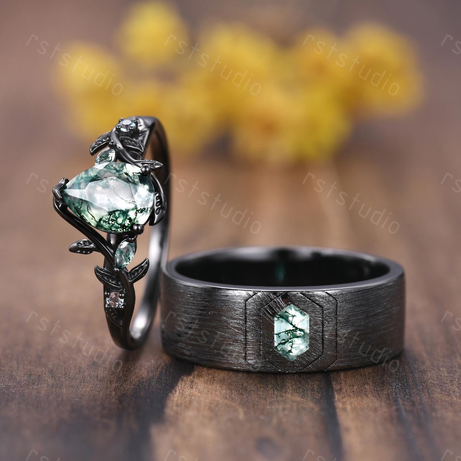 Vintage Moss Agate Couple Ring Set: Black Gold Wedding Bands