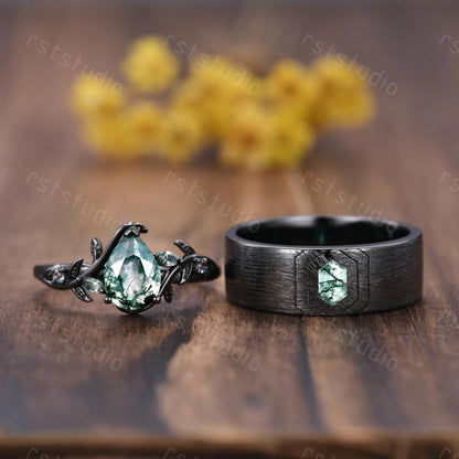 Vintage Moss Agate Couple Ring Set: Black Gold Wedding Bands