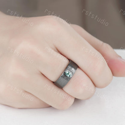 Vintage Moss Agate Couple Ring Set: Black Gold Wedding Bands