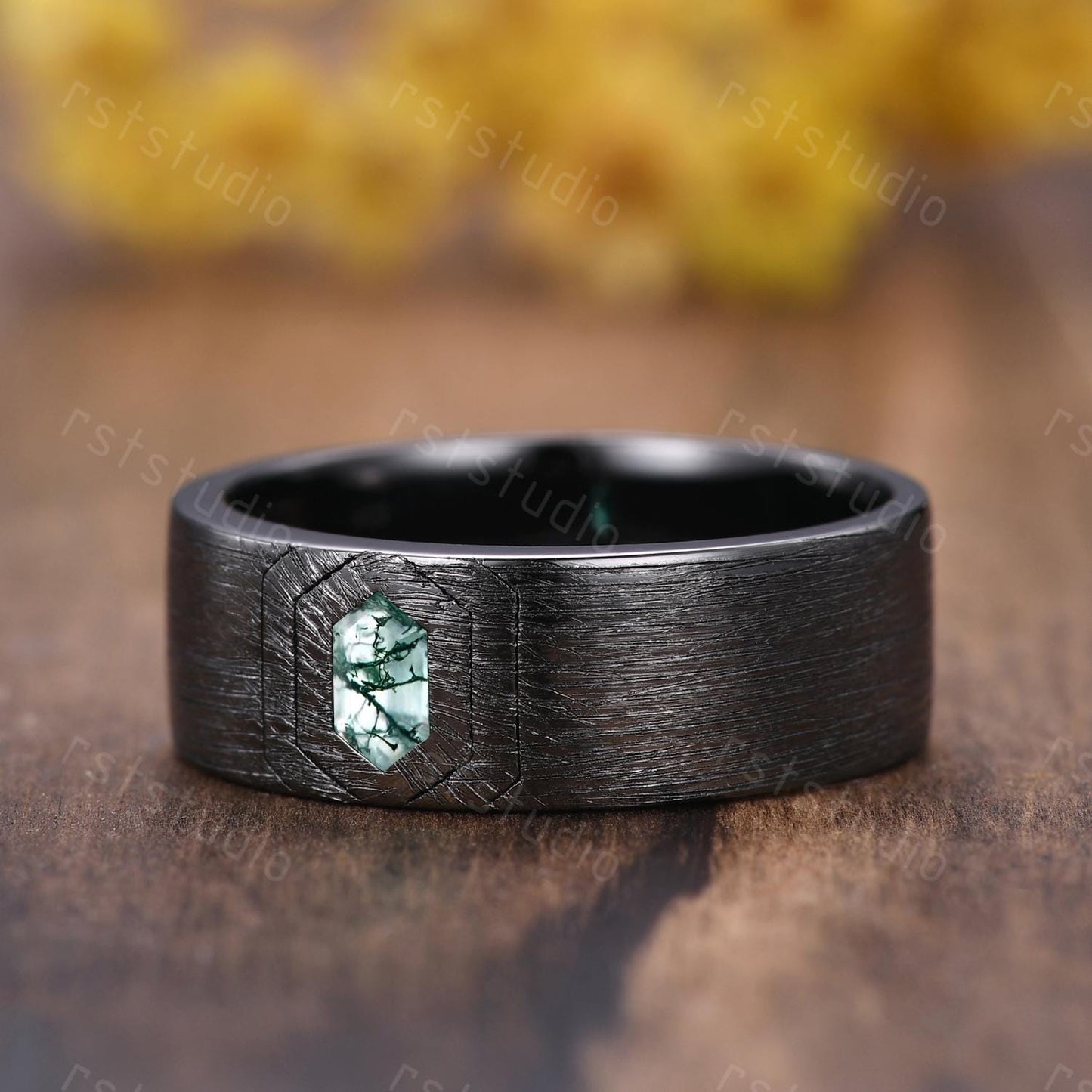 Mens Gothic Moss Agate Wedding Ring: Black Gold Hexagon Band