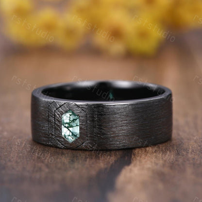 Mens Gothic Moss Agate Wedding Ring: Black Gold Hexagon Band