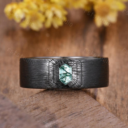 Mens Gothic Moss Agate Wedding Ring: Black Gold Hexagon Band
