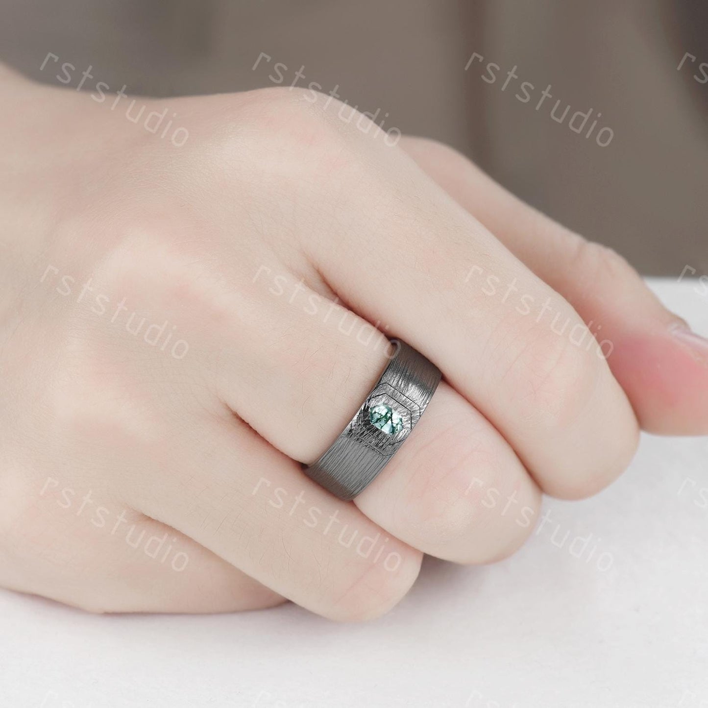 Mens Gothic Moss Agate Wedding Ring: Black Gold Hexagon Band