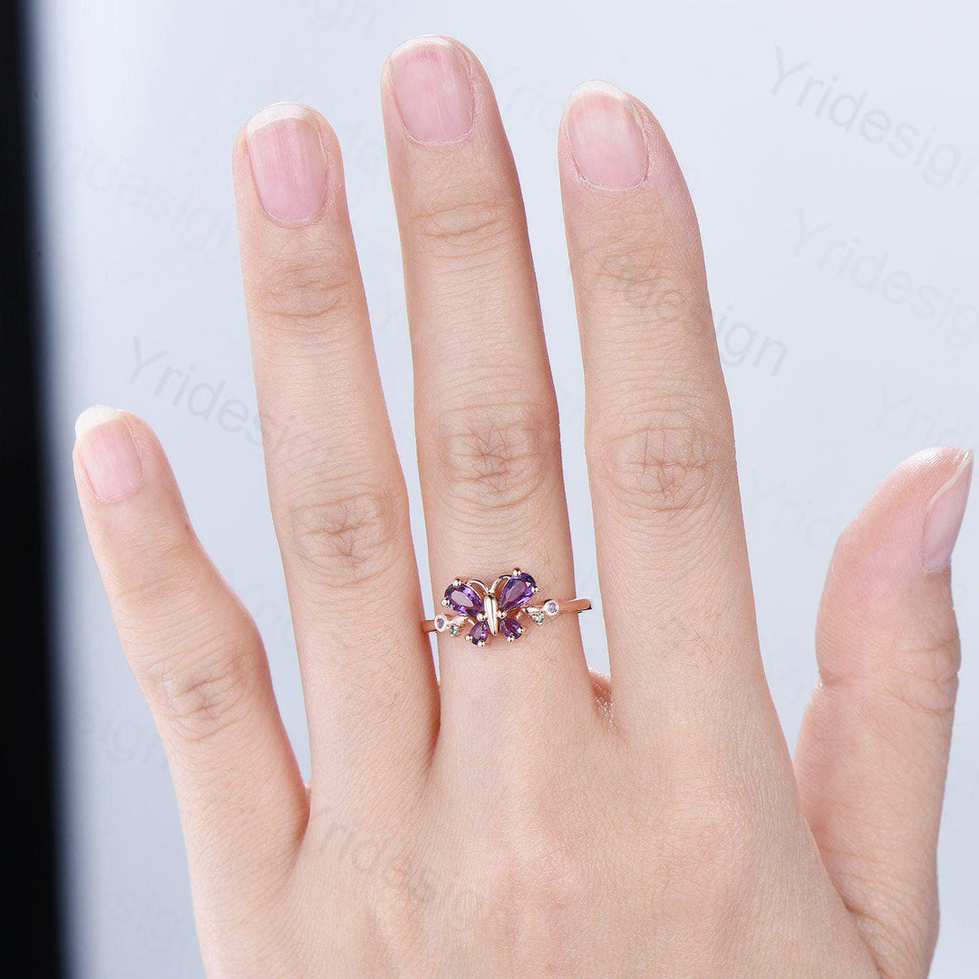 Unique Butterfly Ring Amethyst Engagement Ring teardrop amethyst silver rose gold flower promise ring emerald anniversary gift women - PENFINE