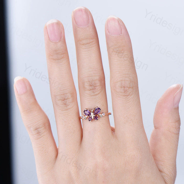 Unique Butterfly Ring Amethyst Engagement Ring teardrop amethyst silver rose gold flower promise ring emerald anniversary gift women - PENFINE