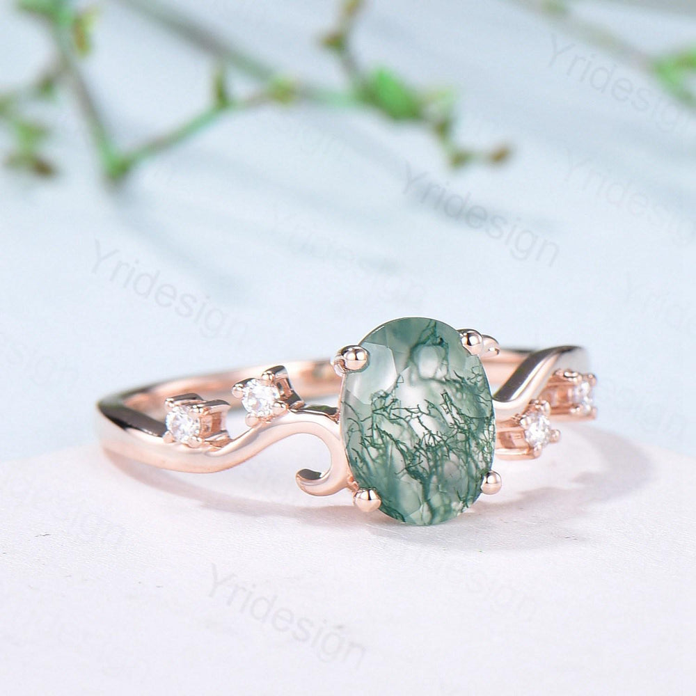 1.5CT Oval Natural Moss Agate Twist Engagement Ring Art Deco Silver Rose Gold Wedding Ring Garden Jewelry Mom's birthstone anniversary gift - PENFINE