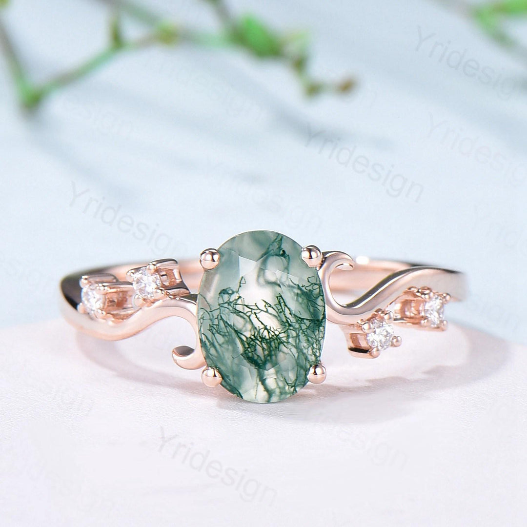 1.5CT Oval Natural Moss Agate Twist Engagement Ring Art Deco Silver Rose Gold Wedding Ring Garden Jewelry Mom's birthstone anniversary gift - PENFINE