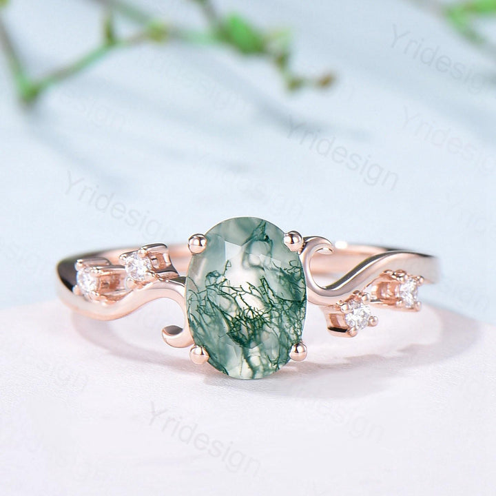 1.5CT Oval Natural Moss Agate Twist Engagement Ring Art Deco Silver Rose Gold Wedding Ring Garden Jewelry Mom's birthstone anniversary gift - PENFINE
