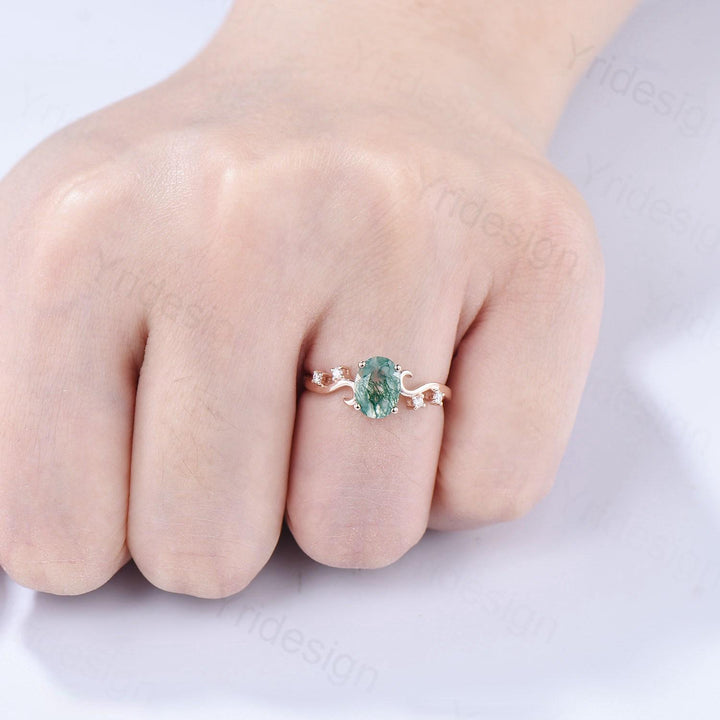 1.5CT Oval Natural Moss Agate Twist Engagement Ring Art Deco Silver Rose Gold Wedding Ring Garden Jewelry Mom's birthstone anniversary gift - PENFINE