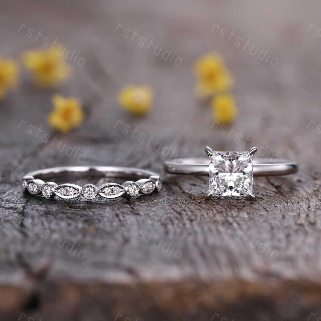 IGI Certified 2Ct Princess Cut Lab Grown Diamond Engagement Ring Set Women Solitaire Diamond Ring Art Deco Promise Wedding Set Bridal Set