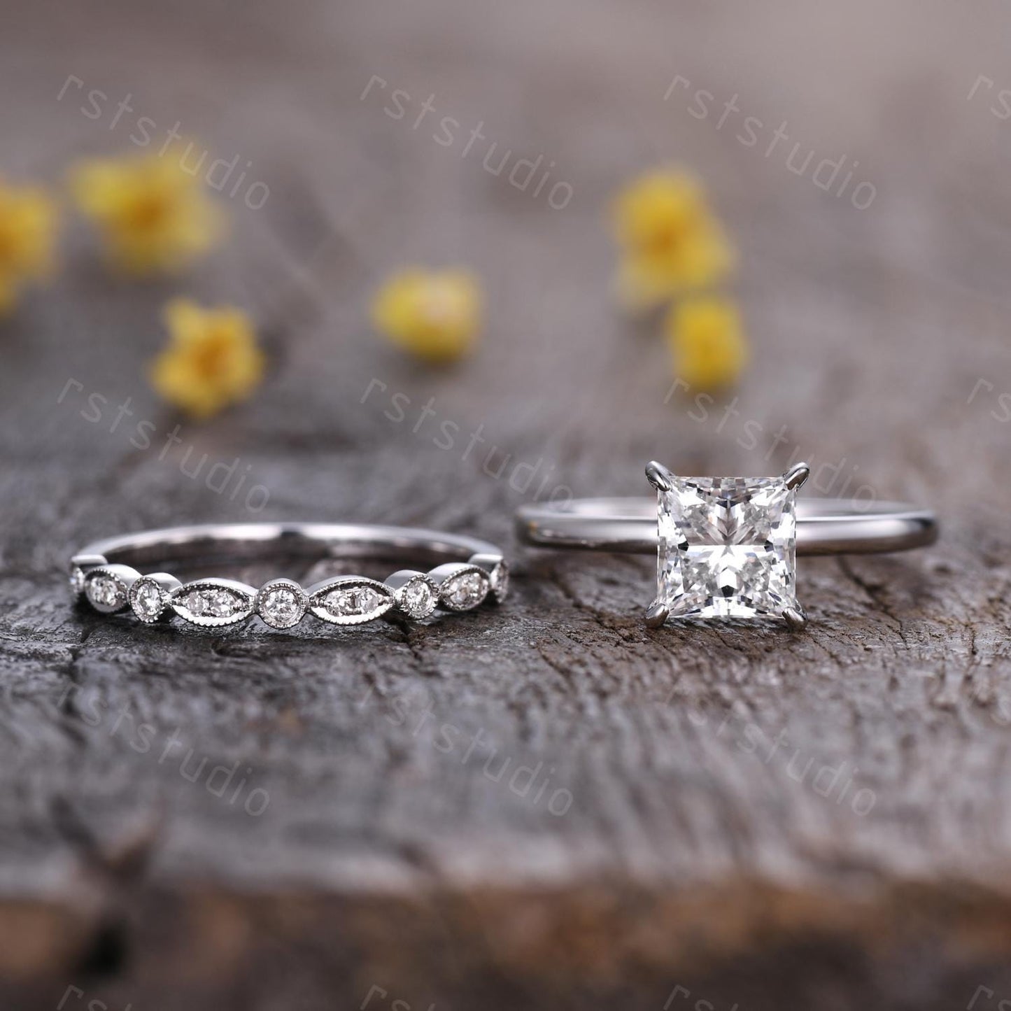IGI Certified 2Ct Princess Cut Lab Grown Diamond Engagement Ring Set Women Solitaire Diamond Ring Art Deco Promise Wedding Set Bridal Set