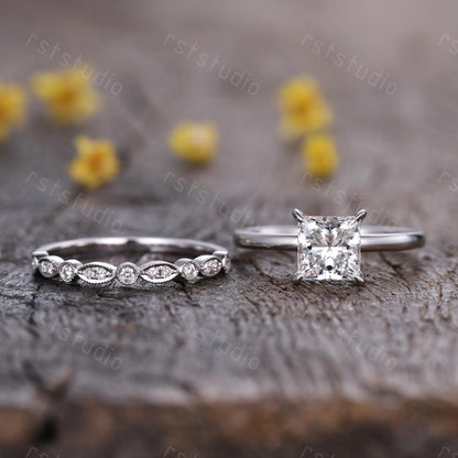 IGI Certified 2Ct Princess Cut Lab Grown Diamond Engagement Ring Set Women Solitaire Diamond Ring Art Deco Promise Wedding Set Bridal Set