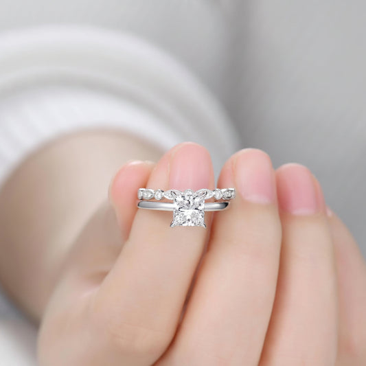 IGI Certified 2Ct Princess Cut Lab Grown Diamond Engagement Ring Set Women Solitaire Diamond Ring Art Deco Promise Wedding Set Bridal Set