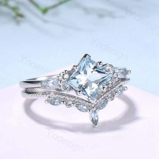 Art Deco Princess Cut Natural Aquamarine Engagement Ring Set Silver Rose Gold Unique 2CT March Birthstone Bridal Wedding Ring Set For Women - PENFINE