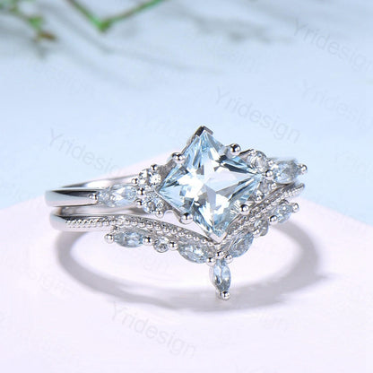 Art Deco Princess Cut Natural Aquamarine Engagement Ring Set Silver Rose Gold Unique 2CT March Birthstone Bridal Wedding Ring Set For Women - PENFINE