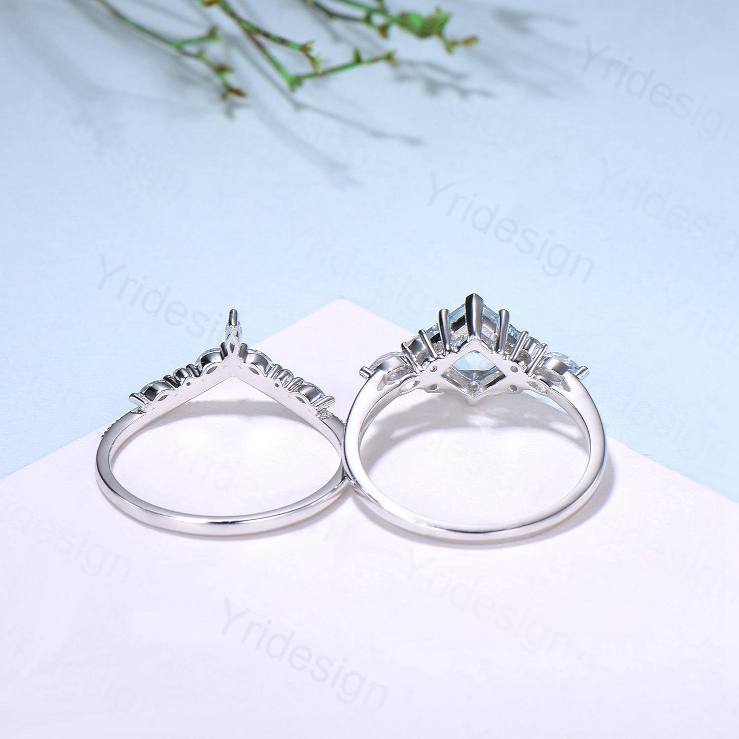 Art Deco Princess Cut Natural Aquamarine Engagement Ring Set Silver Rose Gold Unique 2CT March Birthstone Bridal Wedding Ring Set For Women - PENFINE