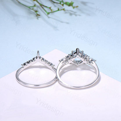 Art Deco Princess Cut Natural Aquamarine Engagement Ring Set Silver Rose Gold Unique 2CT March Birthstone Bridal Wedding Ring Set For Women - PENFINE