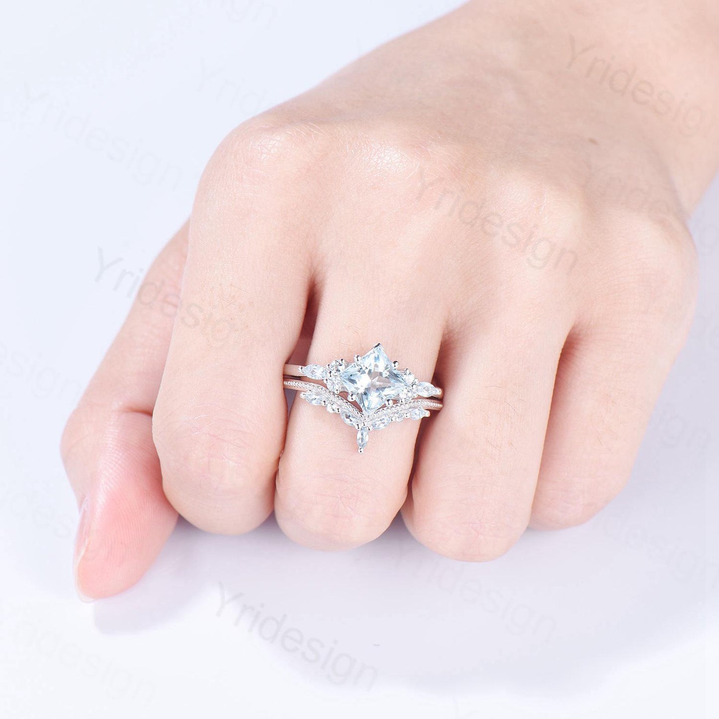 Art Deco Princess Cut Natural Aquamarine Engagement Ring Set Silver Rose Gold Unique 2CT March Birthstone Bridal Wedding Ring Set For Women - PENFINE