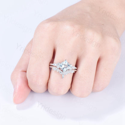 Art Deco Princess Cut Natural Aquamarine Engagement Ring Set Silver Rose Gold Unique 2CT March Birthstone Bridal Wedding Ring Set For Women - PENFINE