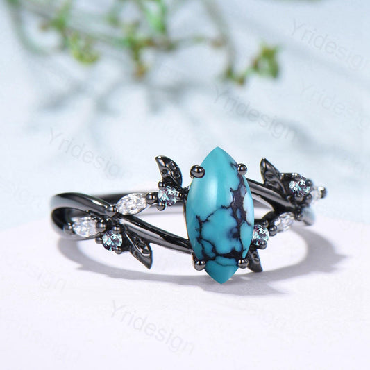 Unique Goth Turquoise Engagement Ring Natural Inspired Gothic Marquise Black Gold Ring Leaves Split Shank Cluster Alexandrite Wedding Ring - PENFINE