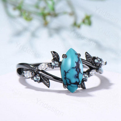Unique Goth Turquoise Engagement Ring Natural Inspired Gothic Marquise Black Gold Ring Leaves Split Shank Cluster Alexandrite Wedding Ring - PENFINE