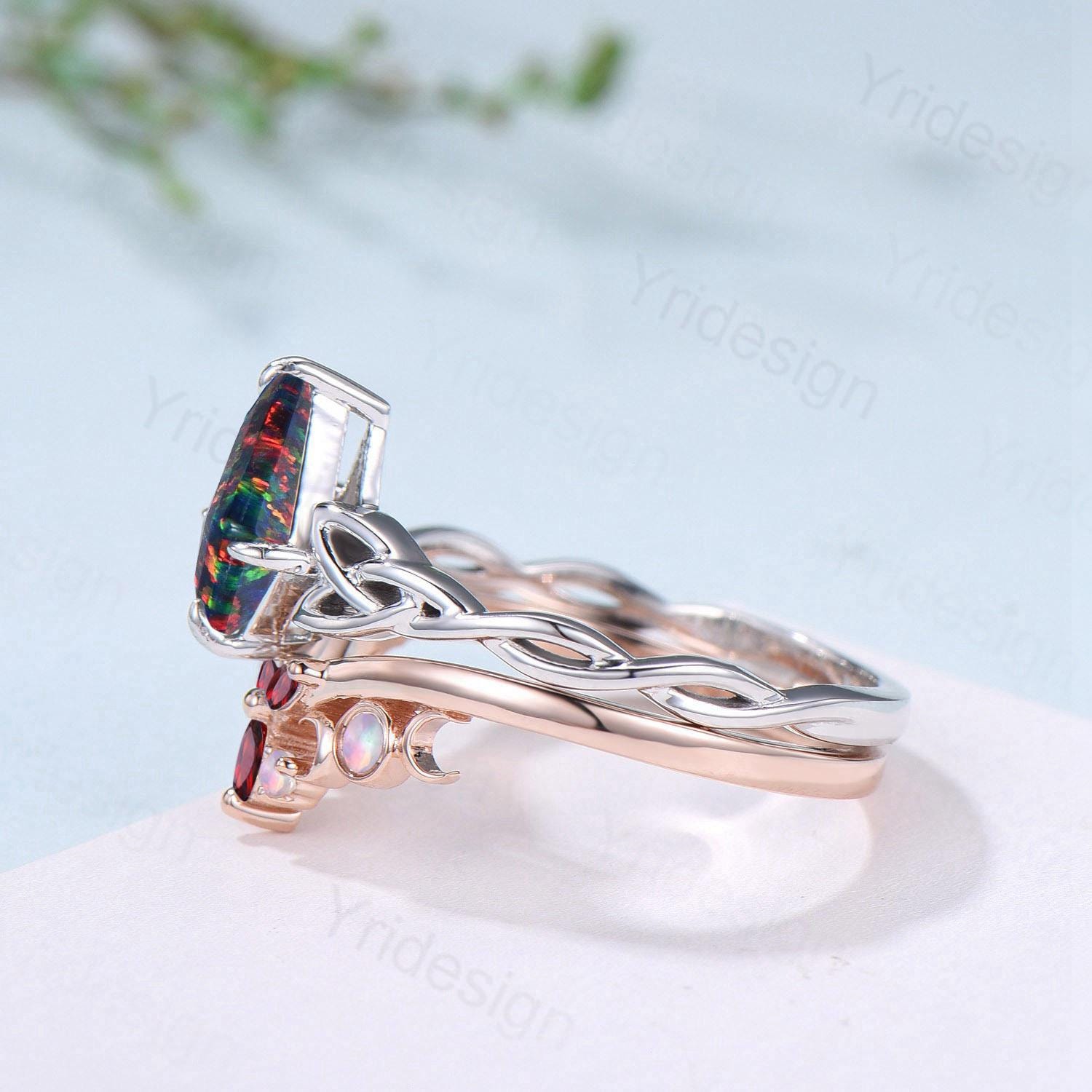 Norse Viking Kite Cut Black Opal Engagement Ring Set Unique Celtic Love Knot Fire Opal Ruby Butterfly Wedding Band Vintage Twist Bridal Set - PENFINE