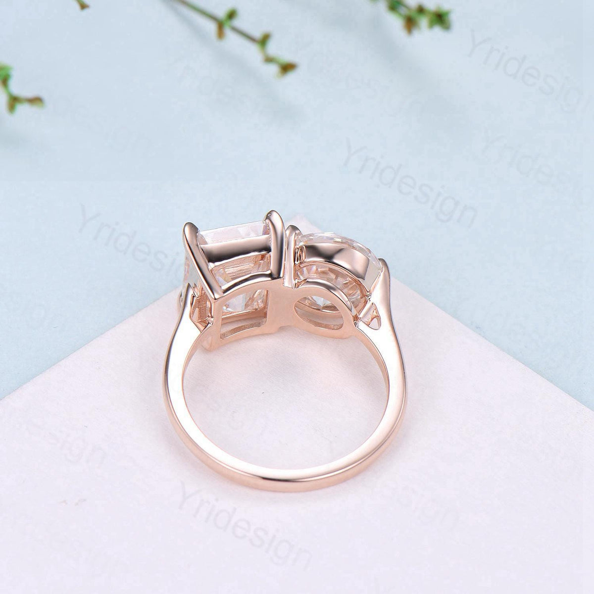 Minimalist Two stone engagement ring 14k rose gold emerald cut citrine and round peridot wedding ring Plain Band anniversary bridal gifts - PENFINE