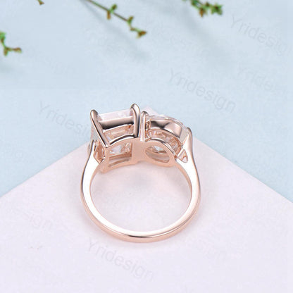 Minimalist Two stone engagement ring 14k rose gold emerald cut citrine and round peridot wedding ring Plain Band anniversary bridal gifts - PENFINE